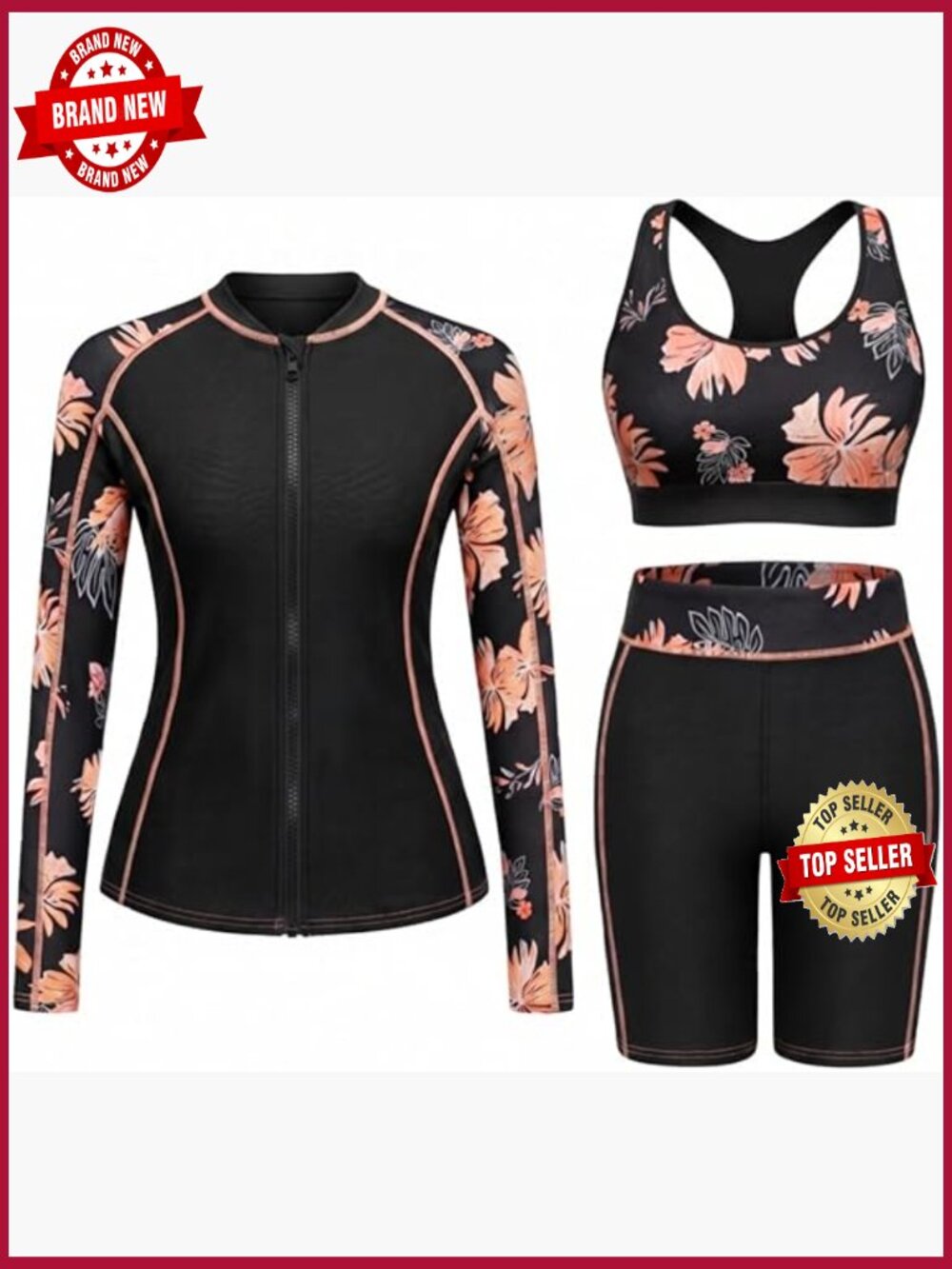 3 Piece Rash Guard Swim Set - Long Sleeve Zip Up Top, Sports Bra & Shorts